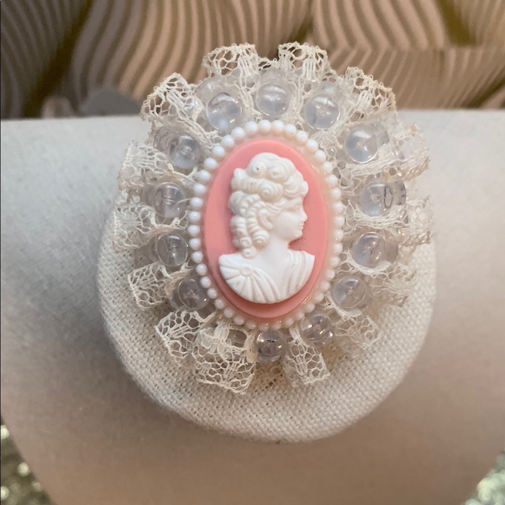 Vintage Cameo Brooch with Pink and White Accents